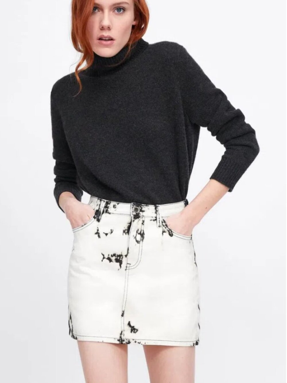 Zara Tie Dye White & Black Bleach Denim Jean High Waist Mini Skirt